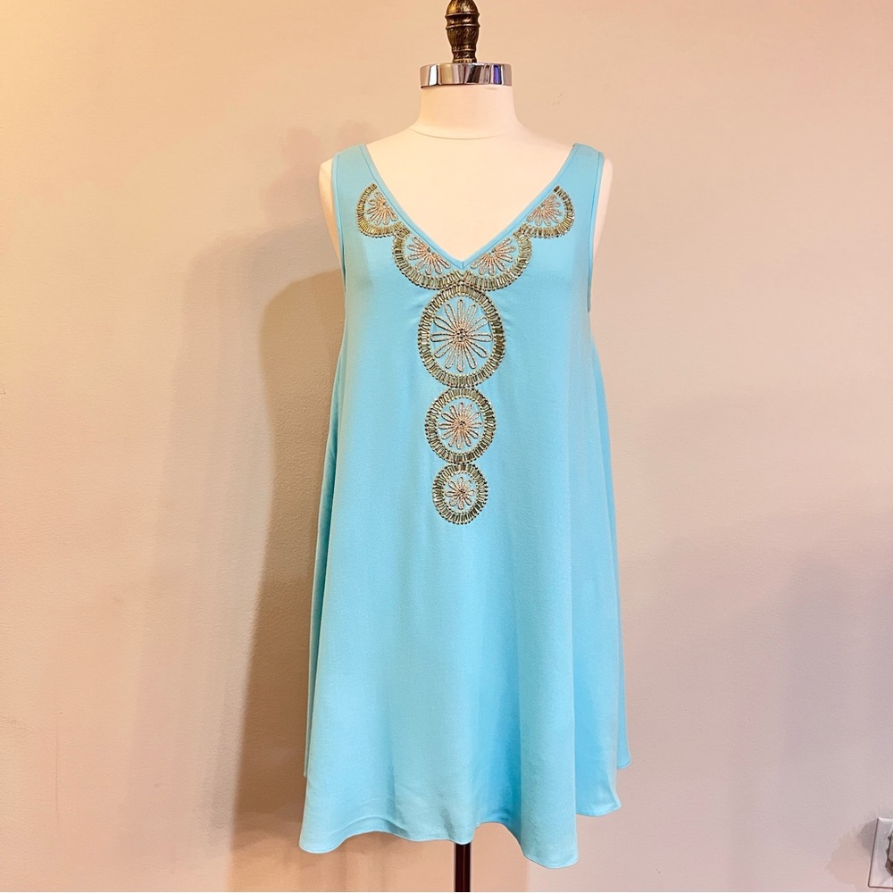 Lilly Pulitzer Fia Swing Dress M Serene Blue Gold Beaded Neckline